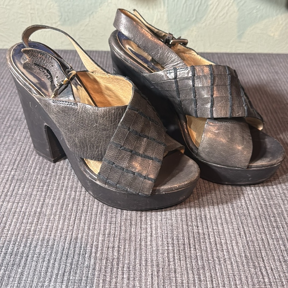 Michael Kors Leather Metallic Blue Slingback Heels Size 5.5